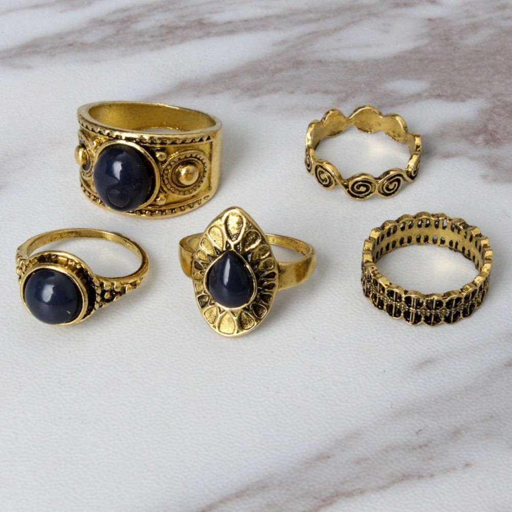 5Pcs Cincin Alloy Lily Bohemian Warna Biru