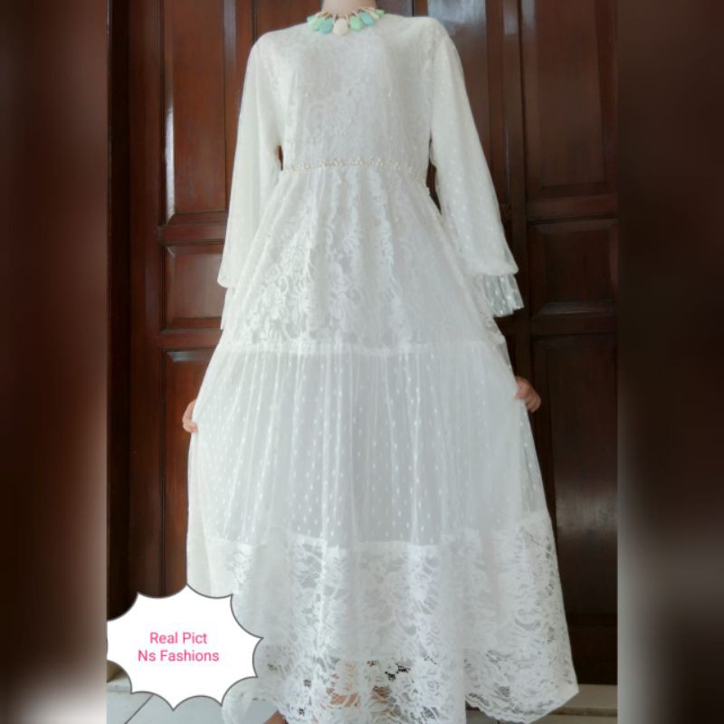 GAMIS PUTIH/GAMIS BRUKAT GLITTER/MAXI BRUKAT JUMBO/MAXY DRESS/BAJU PESTA/GAUN PENGANTIN