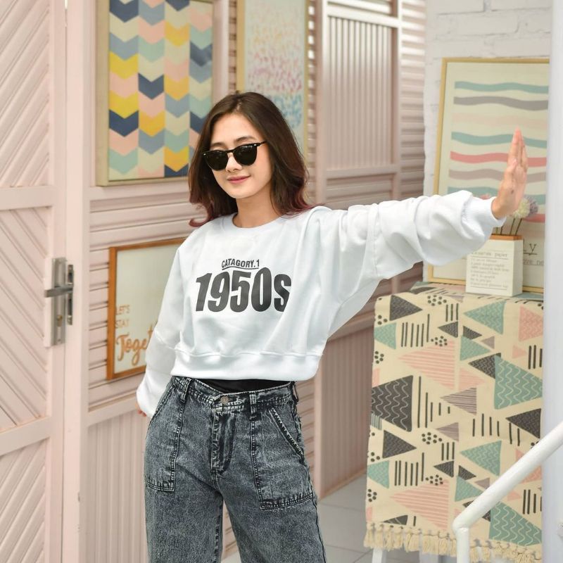 1950S Sweater Crop Oversize Wanita | Crewneck Crop Basic Oversize Korean Style | Sweater Croope