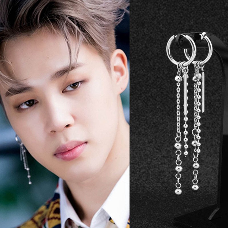 [Bayar Di Tempat]Park Ji Min Round Beads Long Chain Tassel Earrings BTS Earrings