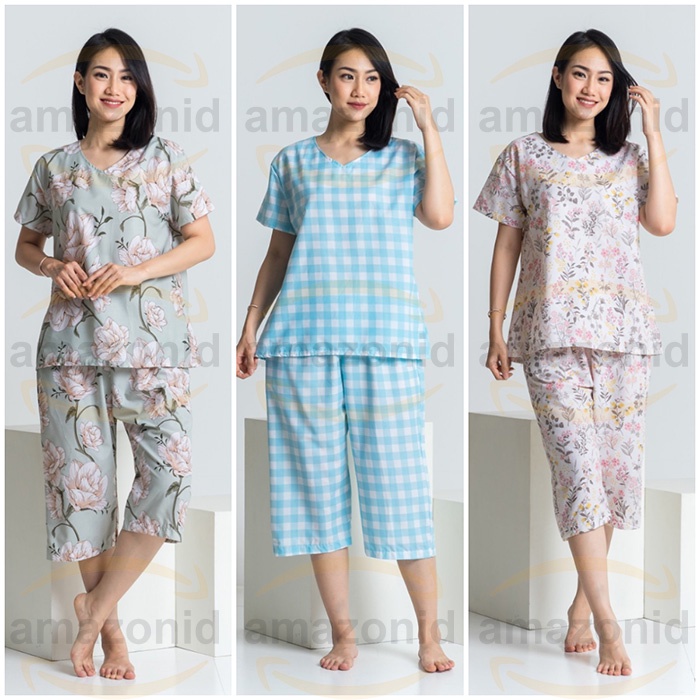 PDK MV Baju Tidur Wanita Piyama Katun Jepang Setelan Celana Pendek 7/8 Dewasa One Set Premium Kekini
