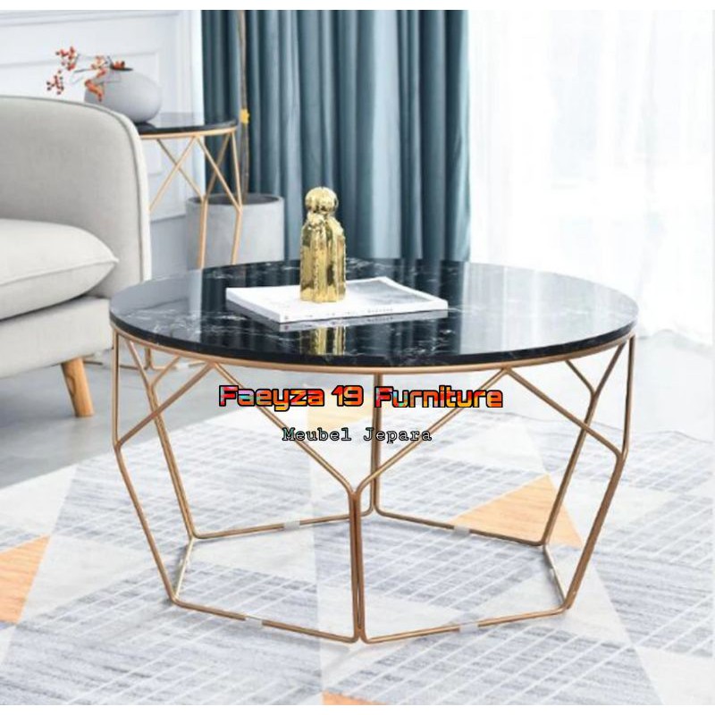 Top Meja Tamu Marmer Hitam Kaki Besi