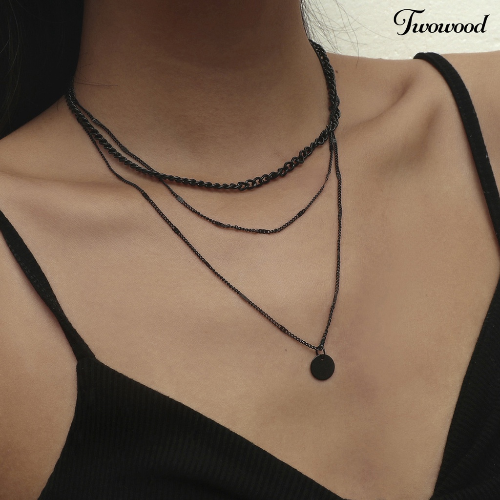 Twowood Adjustable Extension Chain Women Necklace Metal Chain Multilayer Round Pendant Charm Necklace Party Jewelry