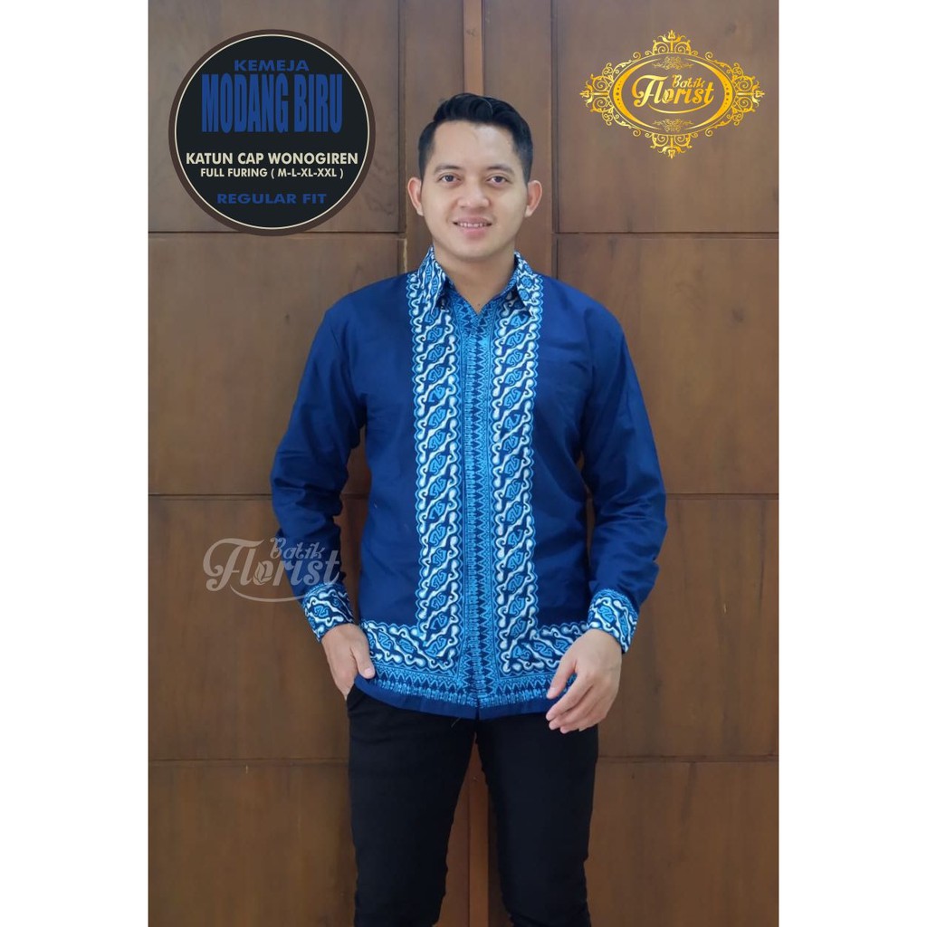 MODANG BIRU Kemeja Batik Pria Full Furing Bahan Katun CAP Wonogiren