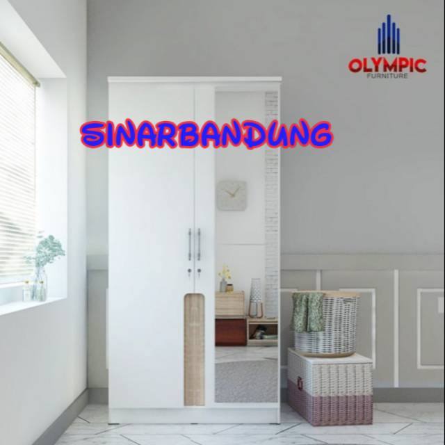 OLYMPIC LEMARI KAYU 2 PINTU KACA PANJANG LEMARI MERIBEL/LEMARI PAKAIAN PUTIH