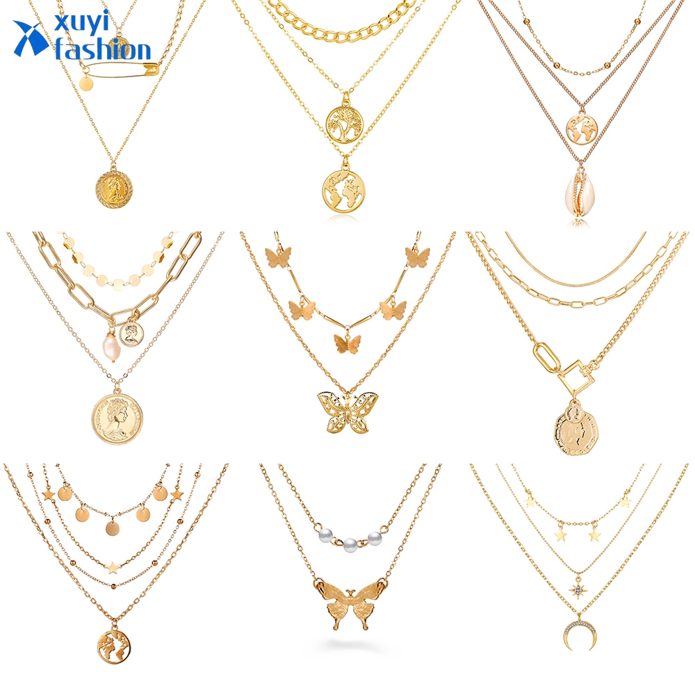 Kalung Choker Multilayer Liontin Bulan Sabit Warna Gold untuk Wanita