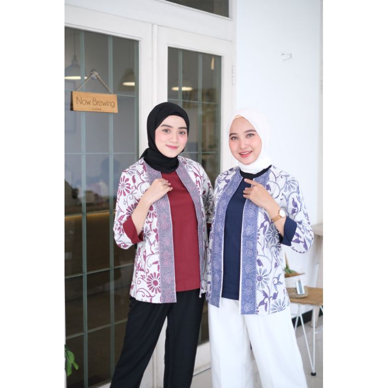 [ready Stock] Erra Blouse Batik Semi Outer Inner Menyatu Lengan Panjang Atasan Wanita Kerja