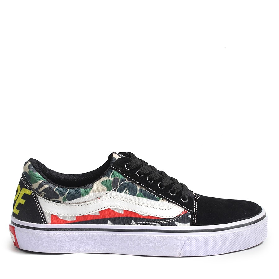 MS - Sepatu Sneakers Premium Pria Vans Oldskool Bape Hitam Bertali Cowok Santai Kuliah Keren Terbaru