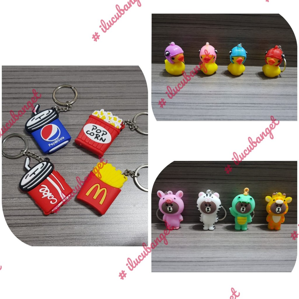 GANTUNGAN KUNCI 3D MURAH 4 PC SET LINE BROWN BEBEK HELM FAST FOOD COLA