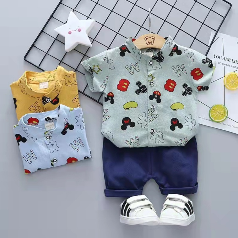 Kemeja Mickey Star 6M - 2Y Setelan Kemeja Anak Motif Mickey Bahan Katun Import High Quality CBKS