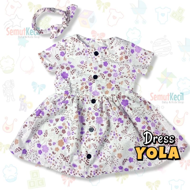 YOLA 1-4 THN DRESS ANAK BAYI PEREMPUAN KANCING DEPAN KATUN CATRA FREE BANDANA Baju Anak Bayi Perempuan Cewek Dres Baby Girl-B WhiteFloPurple