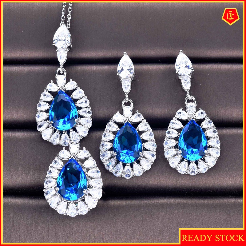 [Ready Stock]Luxury New Topaz Ring Yellow Diamond Stud Earrings Necklace Set