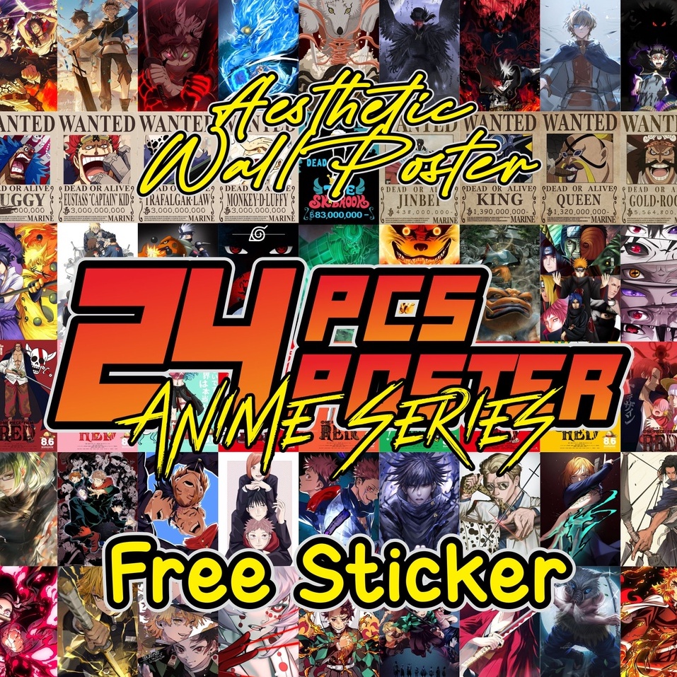 

[isi 24pcs] Paket Aesthetic Wall Poster Anime Onepiece, Bounty Onepiece, Kimetsu, Jujutsu, Naruto, Boku No Hero, Dll.