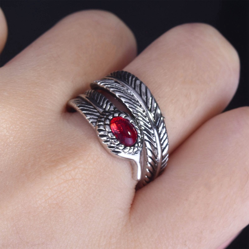 Fancyqube Fancycube Cincin Sterling Silver 925 Bentuk Bulu Aksen Ruby Handmade