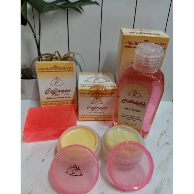 PAKET COLAGEN 4IN1 WHITENING SABUN+TONER+CREAM SIANG &amp; MALAM / COLAGEN PAKET LENGKAP ( CREAM SIANG MLM ,TONER DAN SABUN COLAGEN )