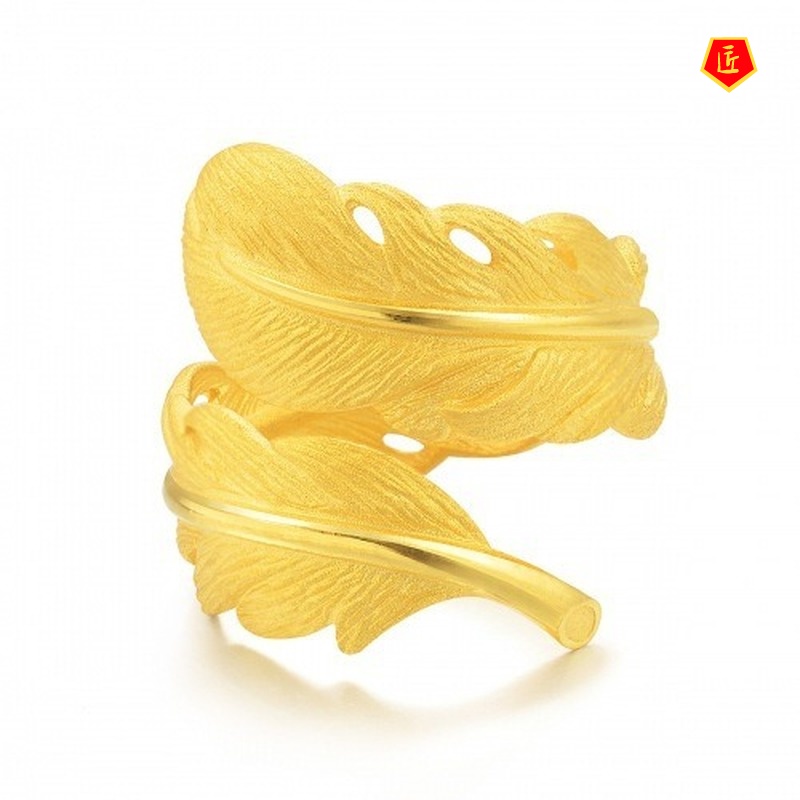 [Ready Stock]Temperament Personality 3D Golden Feather Ring