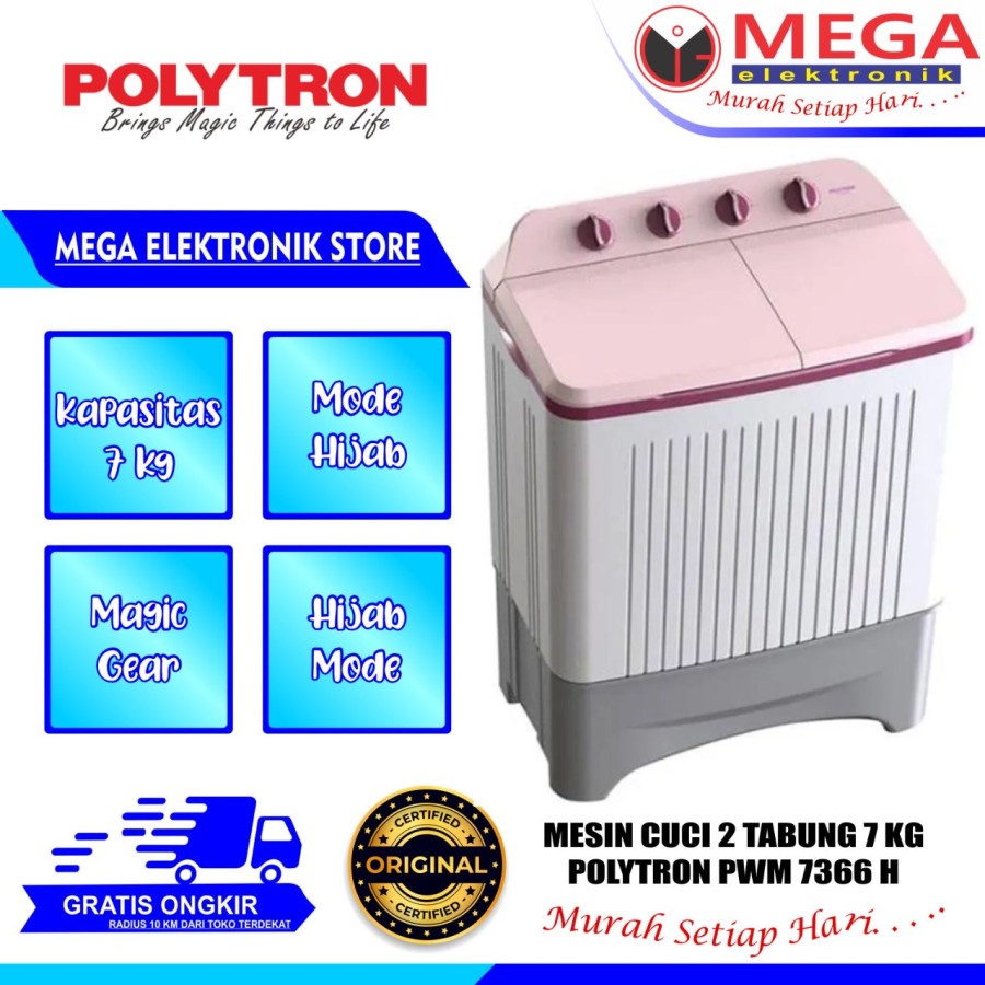 MESIN CUCI 2 TABUNG POLYTRON PWM-7366 H KAPASITAS 7 KG 100% ORI GARANSI