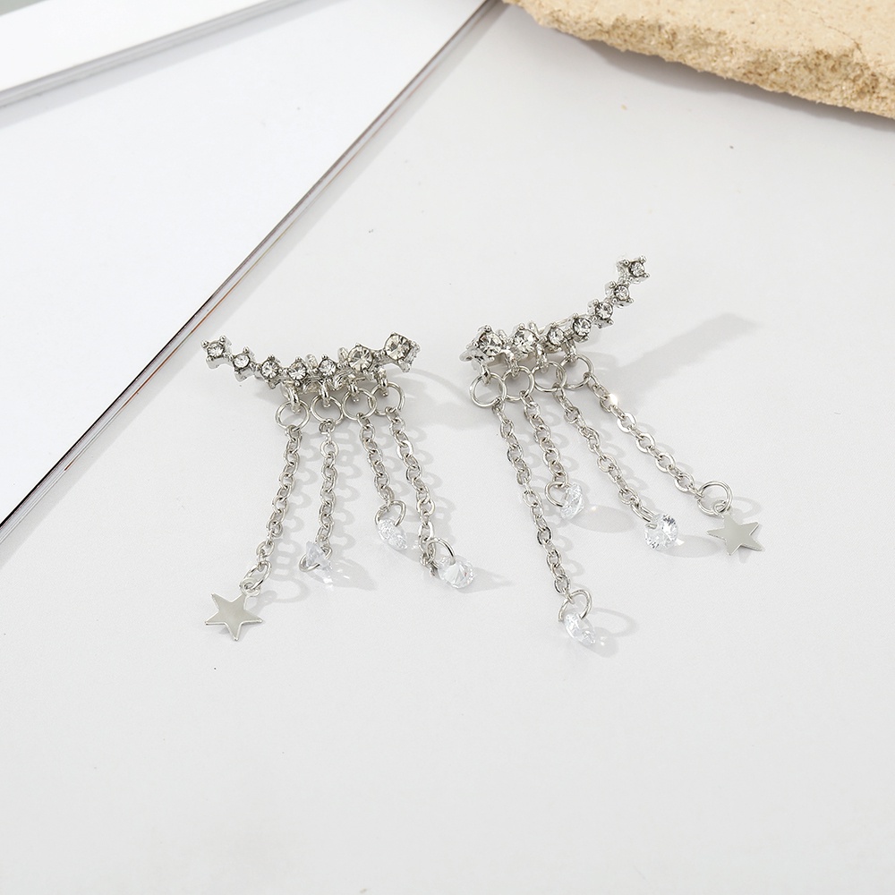 Anting Gantung Panjang Tusuk Gaya Korea Motif Bintang Aksen Kristal + Rumbai Untuk Perhiasan Wanita
