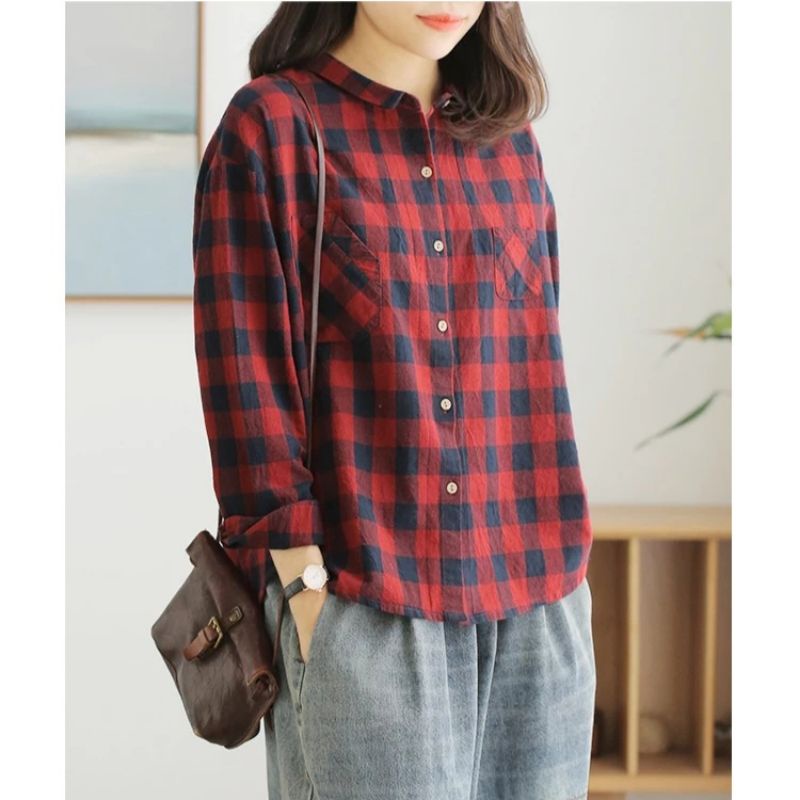 8938 Fashion baju blus blouse kemeja lengan panjang tangan leher kerah kancing motif kotak mewah ele