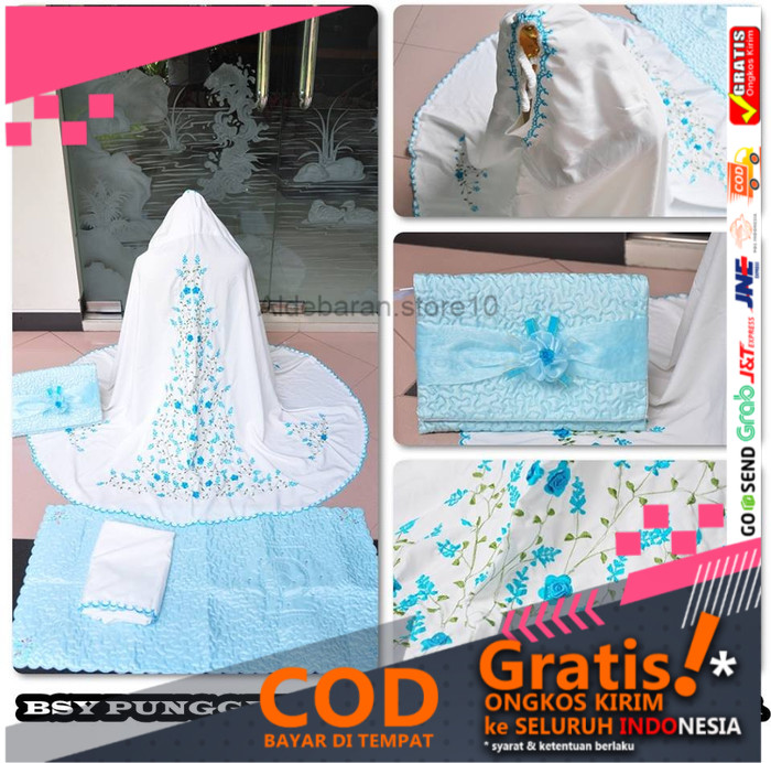 MUKENAH RUKUH MUKENA DEWASA BORDIR BSY PUNGGUNG + TAS SAJADAH PESTA BIRU MUDA KUALITAS IMPORT