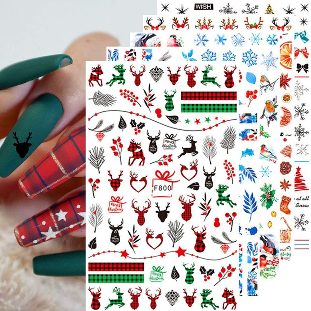 Stiker Kuku Motif Kartun Rusa Snowflake Pohon Natal Untuk Dekorasi Nail Art