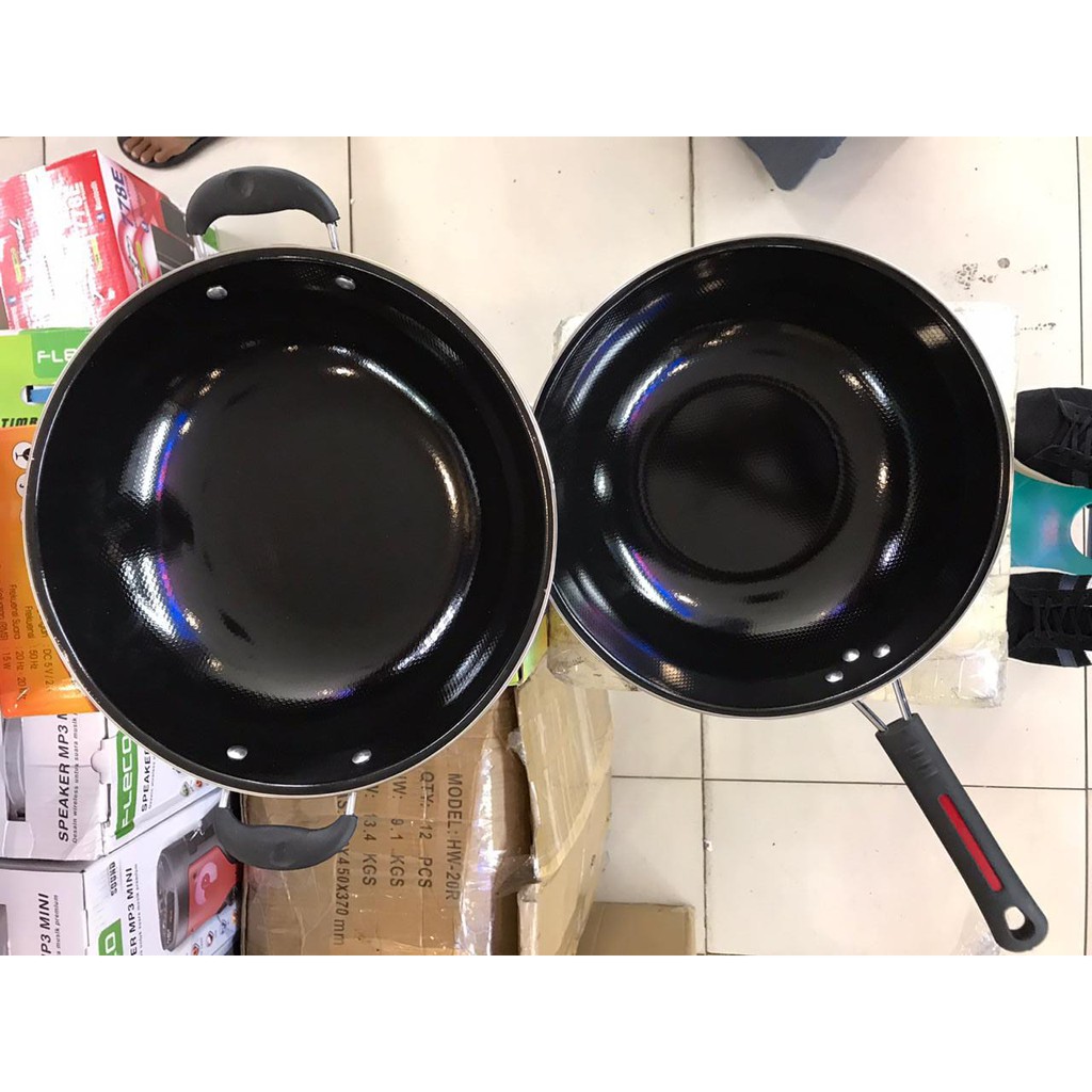 WAJAN ENAMEL DAPAT 2 PCS UKURAN 32 CM / WAJAN SEHAT GIONEE DENGAN GAGANG ANTI PANAS / PENGGORENGAN ANTI LENGKET