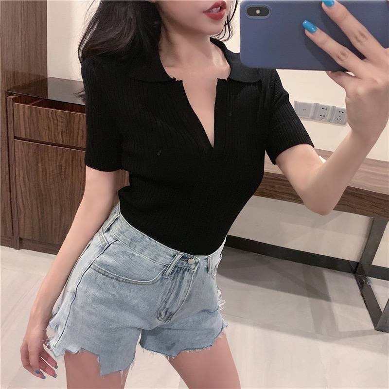 JT - 123002 atasan crop top rajut / kaos kerah polo wanita