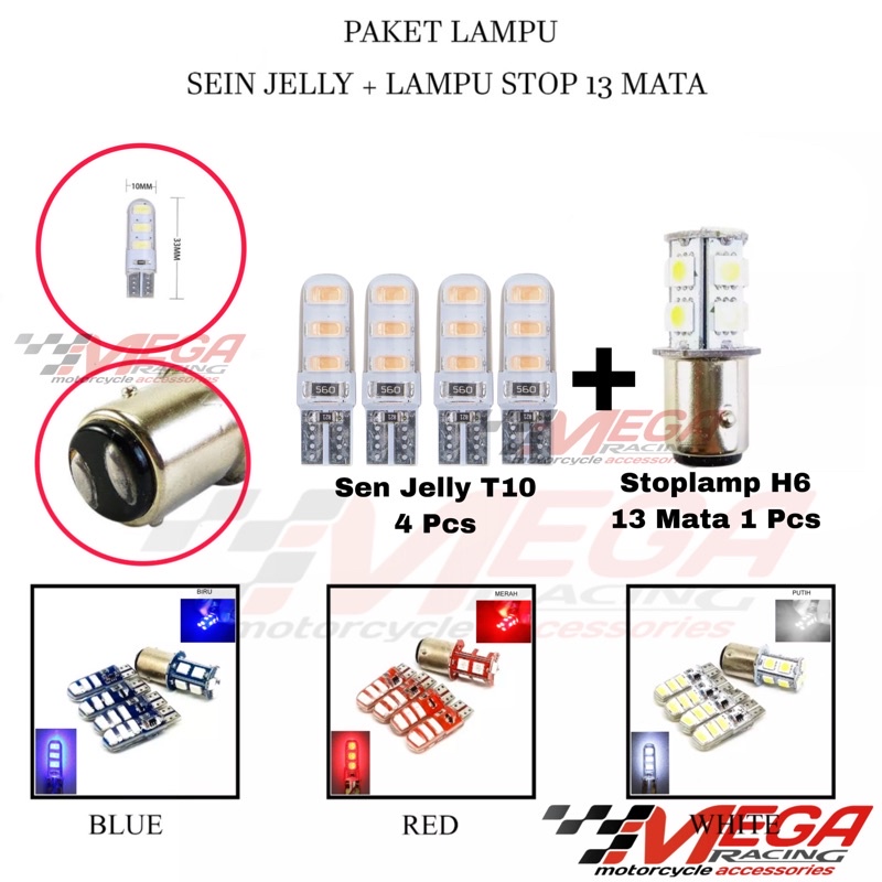 Lampu Sen Jelly T10 dan stop 13 mata H6 model jagung - Sein Gel Flash Kedip Strobo Running - Diam Senja Stop Kagung 13 Mata Led motor 12v