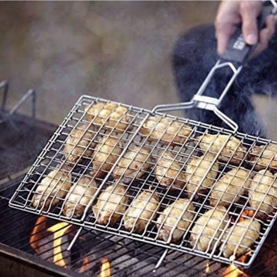 Panggangan Ikan Ukuran Jumbo Gagang Kayu Pemanggang daging ayam sate Alat panggang jepit buah Kuat