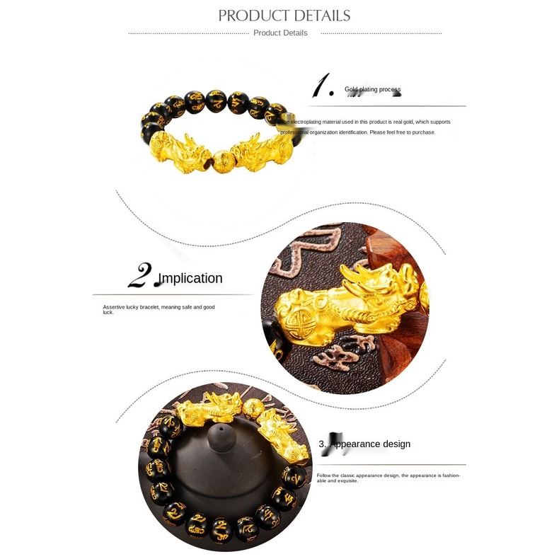 Gelang Manik-Manik Batu Akik Obsidian Warna Emas Untuk Pria
