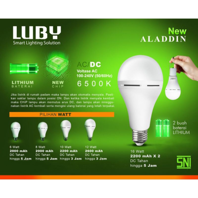 New Luby Aladdin Lampu Emergency Otomatis AC/DC Berkualitas Terbaik SNI