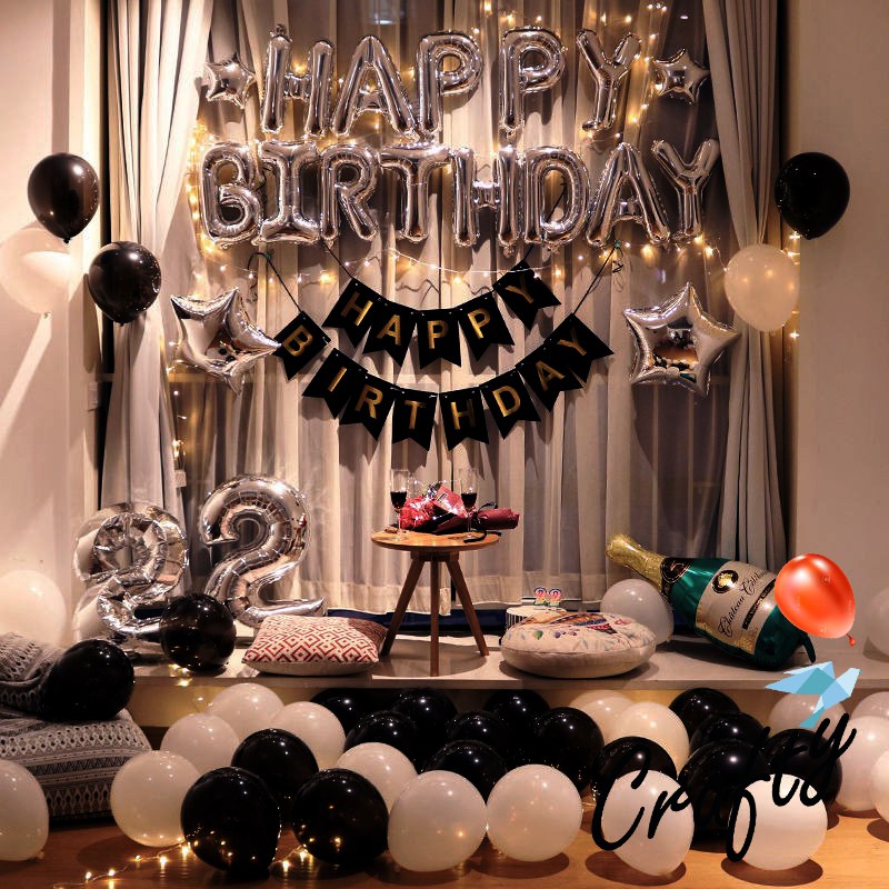 [PAKET] BIRTHDAY Set SILVER CHAMPAGNE B&amp;W Dekorasi Backdrop Ulangtahun