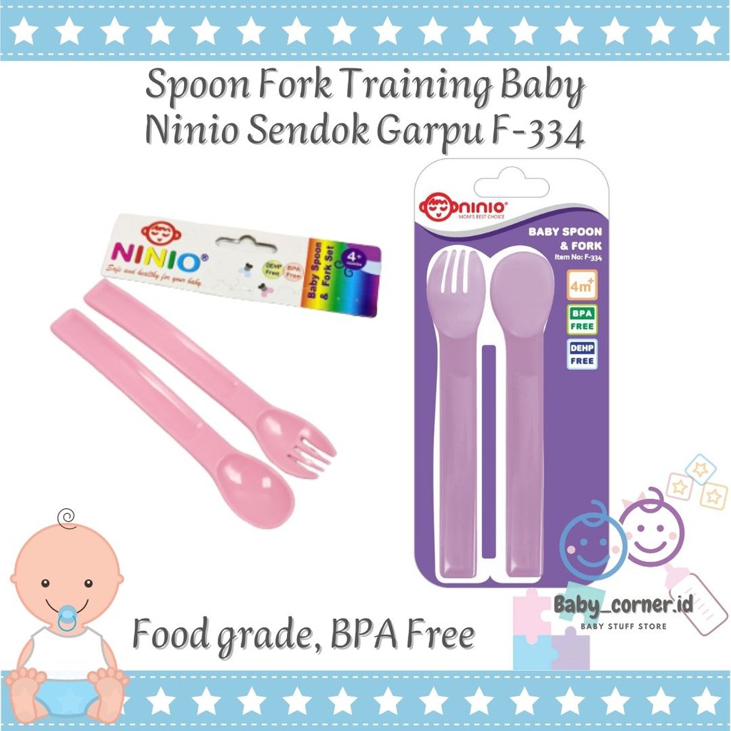 Sendok Garpu Bayi Mpasi Spoon Fork Training Baby NINIO Food Grade, BPA FREE, SNI | Set Sendok Garpu  Bayi Antisedak Gagang Pendek