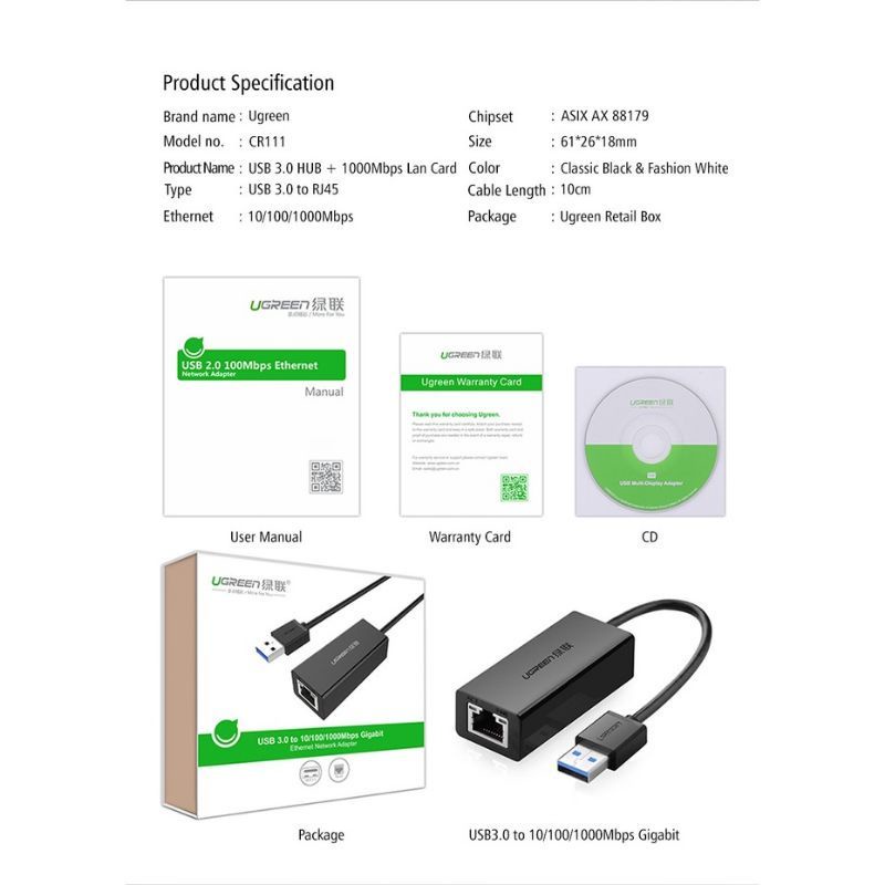 UGREEN USB 3.0 to Ethernet RG45 Gigabit Lan Adapter 10 100 1000Mbps USB