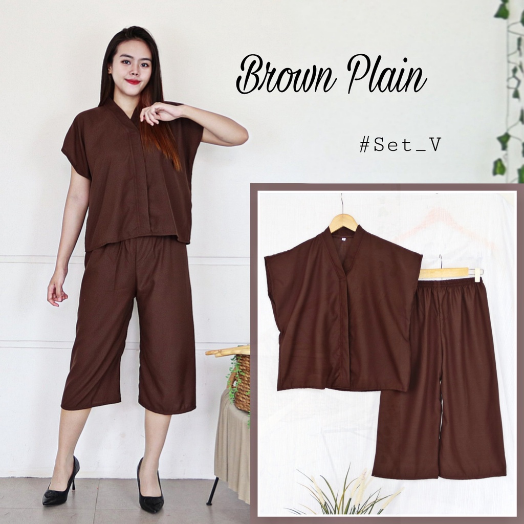 IZANY Piyama Dewasa Daily ONE SET V / SET Kulot Kimono PLAIN Polos-BROWN PLAIN