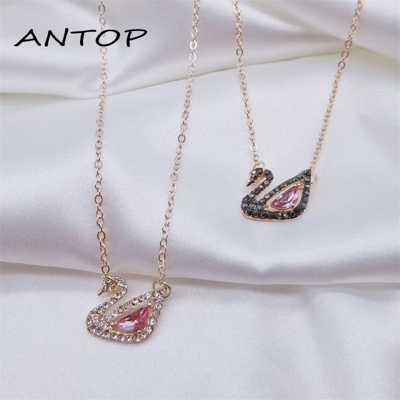 Korea Kalung Rantai Liontin Angsa Warna Pink Berlian Imitasi Untuk Wanita Aksesoris ANTOP