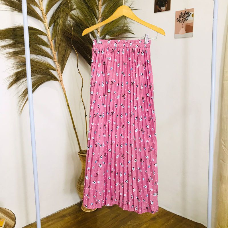 ROK PLISKET BUNGA DAISY / ROK PLISKET PREMIUM / ROK WANITA-Tulip pink