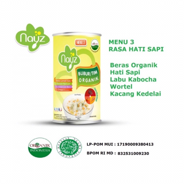 Nayz bubur organik menu 3 (hati sapi) kemasan kaleng 300gram