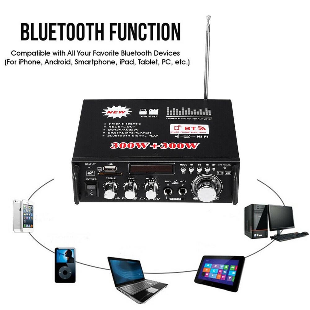 600W   BT-298A Power Ampli Amplifier Bluetooth Karaoke Home Theater FM Radio