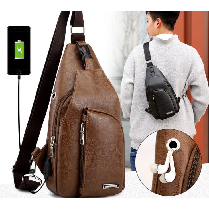 Tas Selempang slempang Pria Kulit Import USB Port