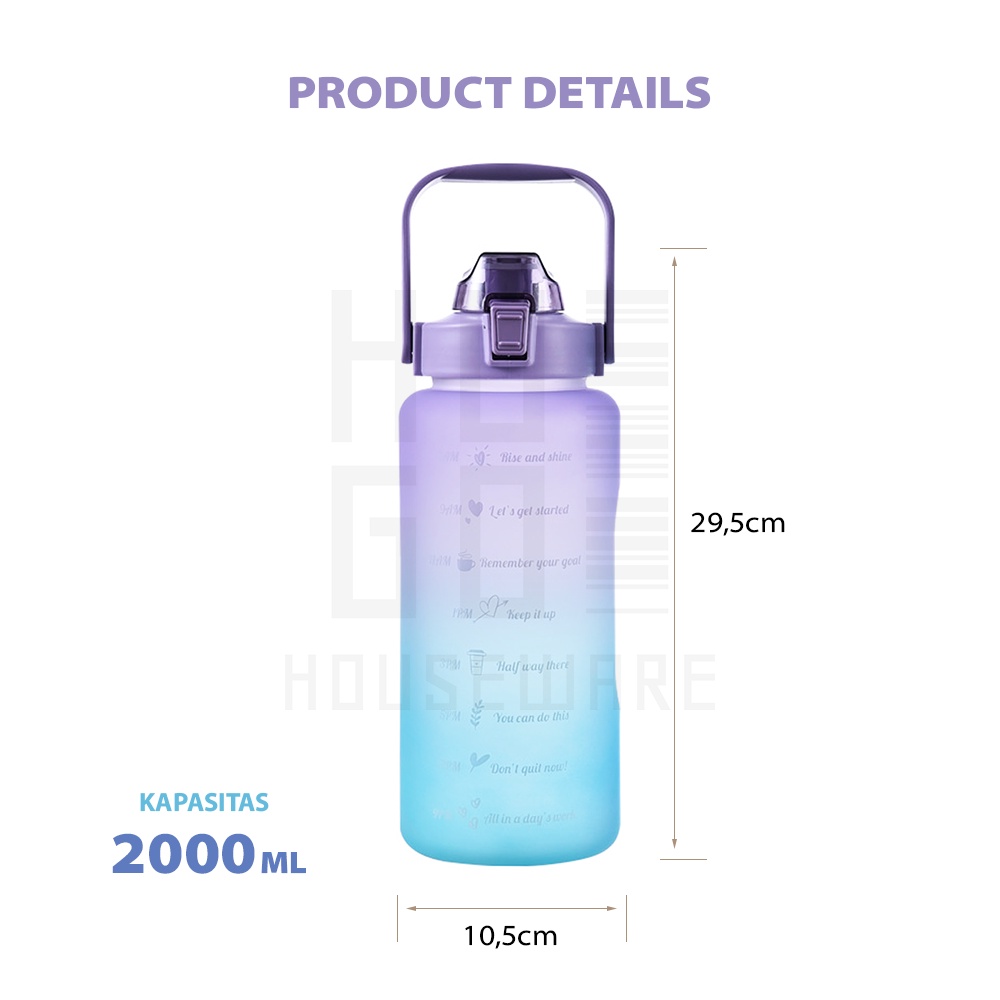 Botol Minum Pelangi Gradasi 2 Liter Motivation Gratis Stiker 2000 mL Premium Quality HUGO