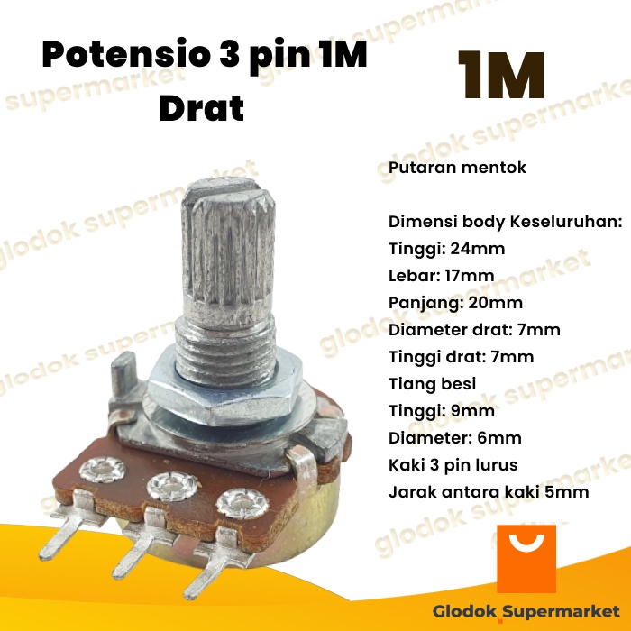 Potensio 3 pin 1M Drat Mono Kaki 3 Lurus Potentio Meter 105