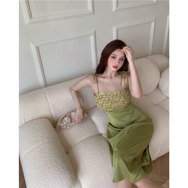 gaun midi korea gaun suspender bunga kecil peri perancis high-end mid-length rok