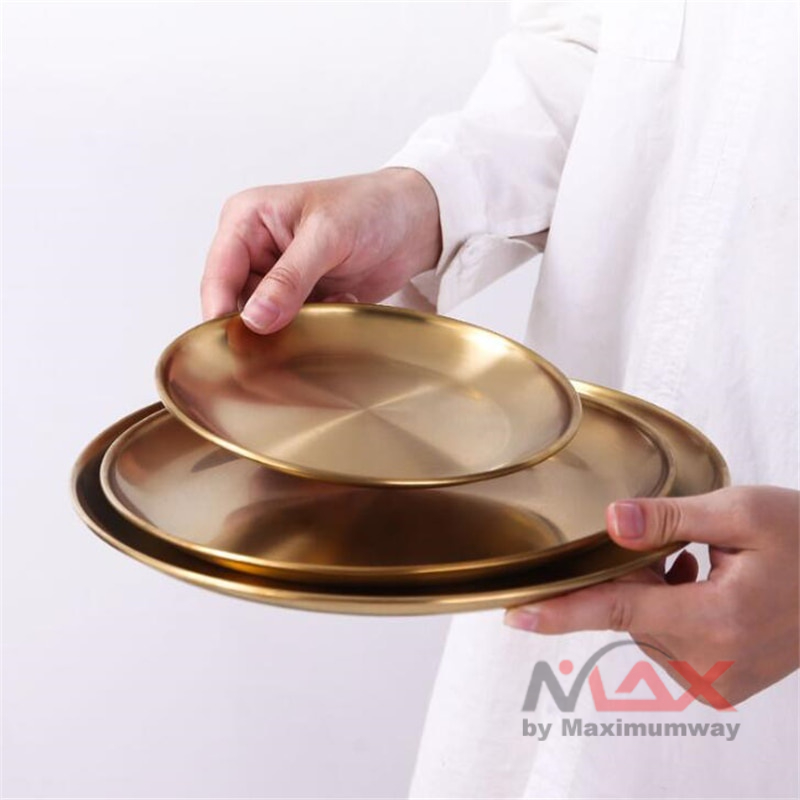 Piring Besi Stainless Steel Food Grade Beli untuk selamanya anti pecah anti karat tidak beracun Makan European Style Stainless Steel gold dan silver European Style Dinner Plates Gold Dining Serving Dishes Steak Kitchen Round Cake Tray Western dinner set