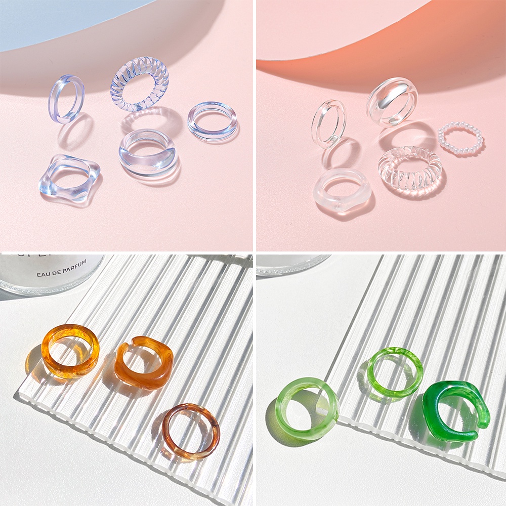 AY(CN) Korean Colorful Resin Ring Set Fashion Transparent Diamond Finger Rings Jewelry Accessories