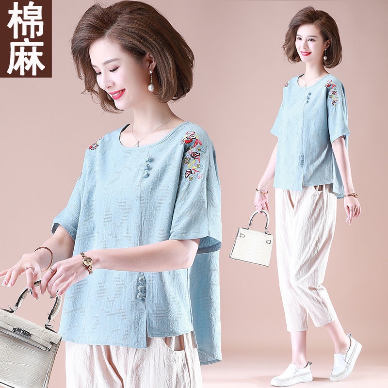 Blus Katun Setelan Musim Panas Ibu Blus Katun Kemeja Wanita Paruh Baya