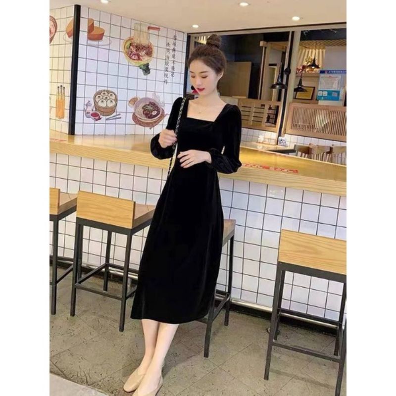 D11 Long dress square neck / velvet bludru lengan panjang / korean midi dress