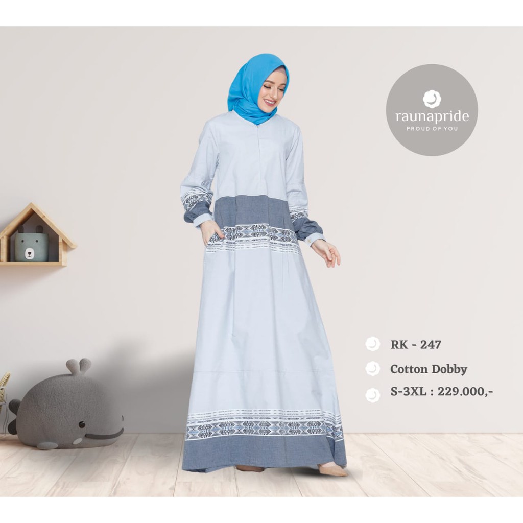 TERBARU GAMIS RAUNA RK 247 BIRU BAHAN KATUN DOBBY GAMIS SYAR'I BUSUI FRIENDLY