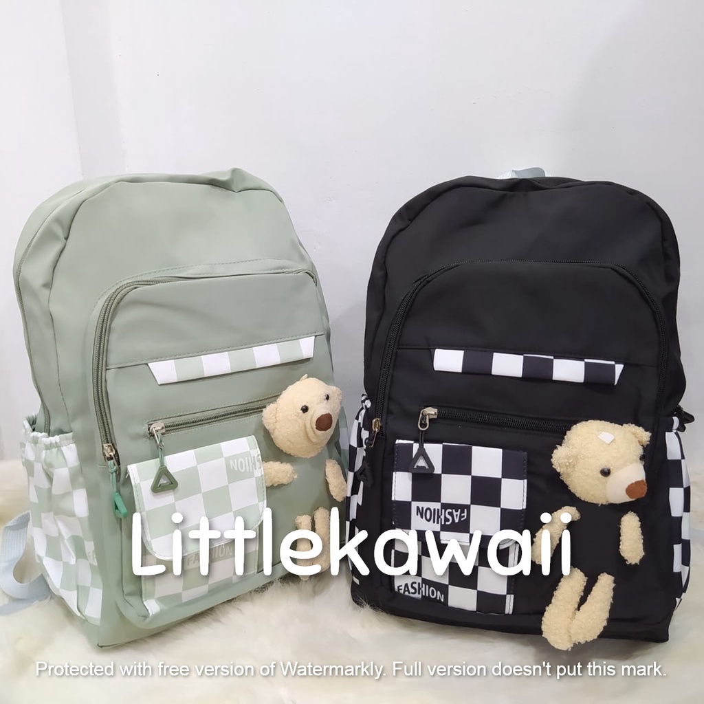 LK/Tas Ransel Laptop Backpack Parasut Sekolah Fashion Korean Style Anak Remaja Kantong Boneka Bear Square Import