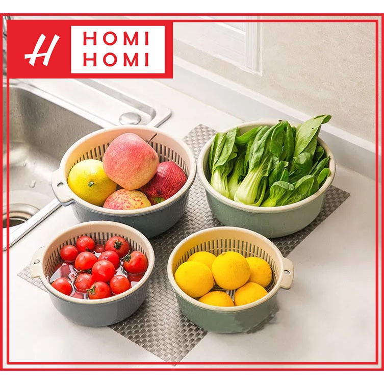 HomiHomi Tempat Penyimpanan Makanan Plastik Dapur 2 Lapis Baskom Pengering Buah dan Sayuran - BCS001